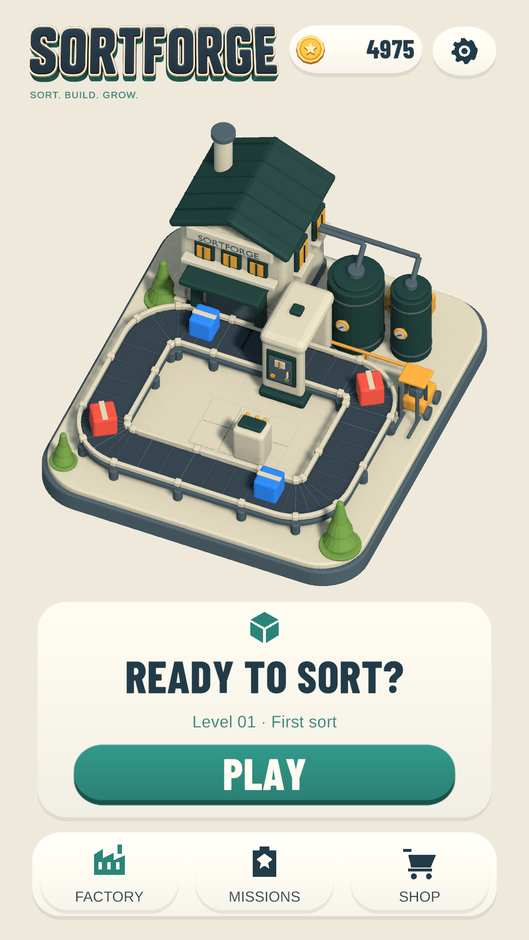 SortForge home screen: a miniature 3D factory with packages moving along conveyors.